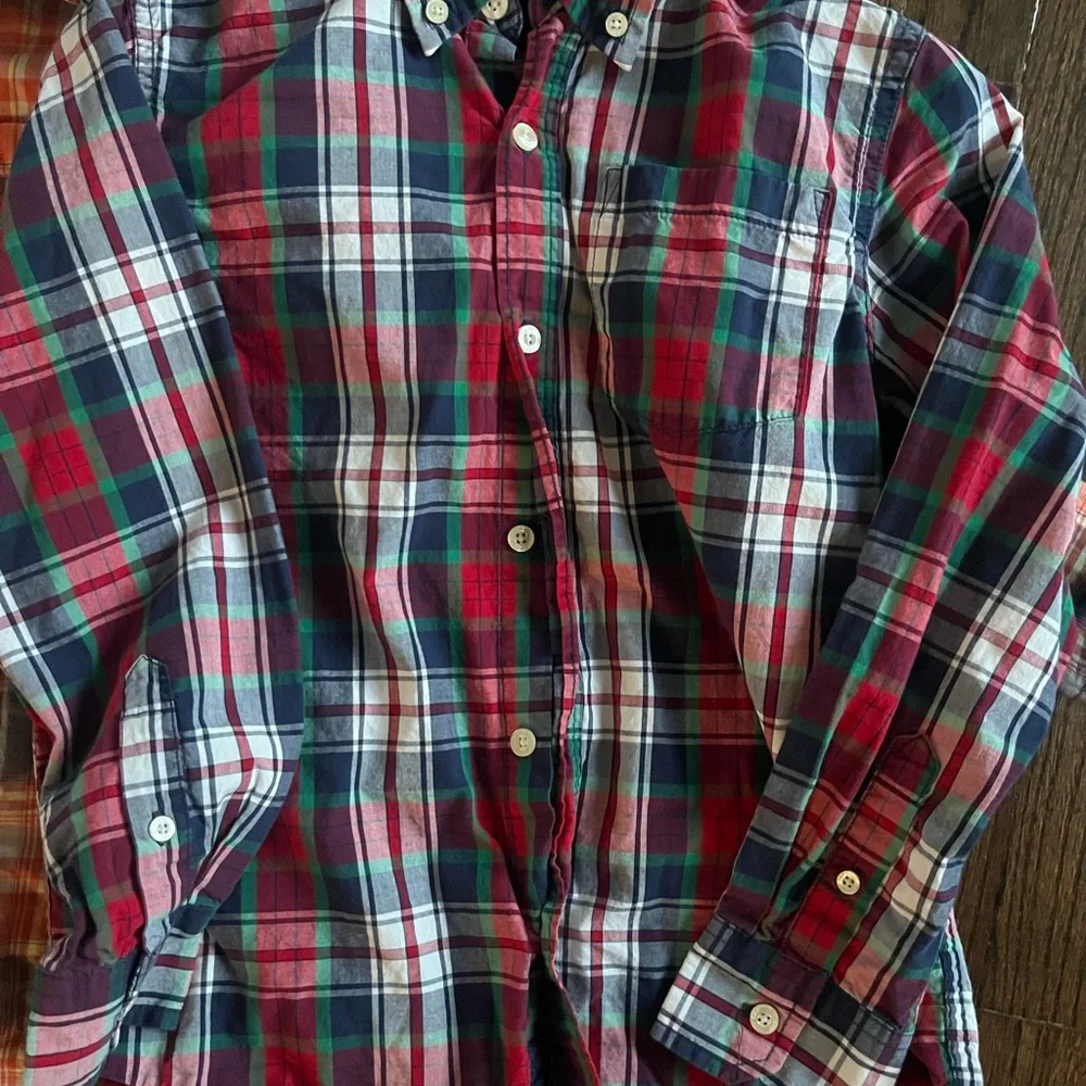 Gap Kids, 2 boys Plaid Shirts Orange with navy and Red with green, Size M (8/9)